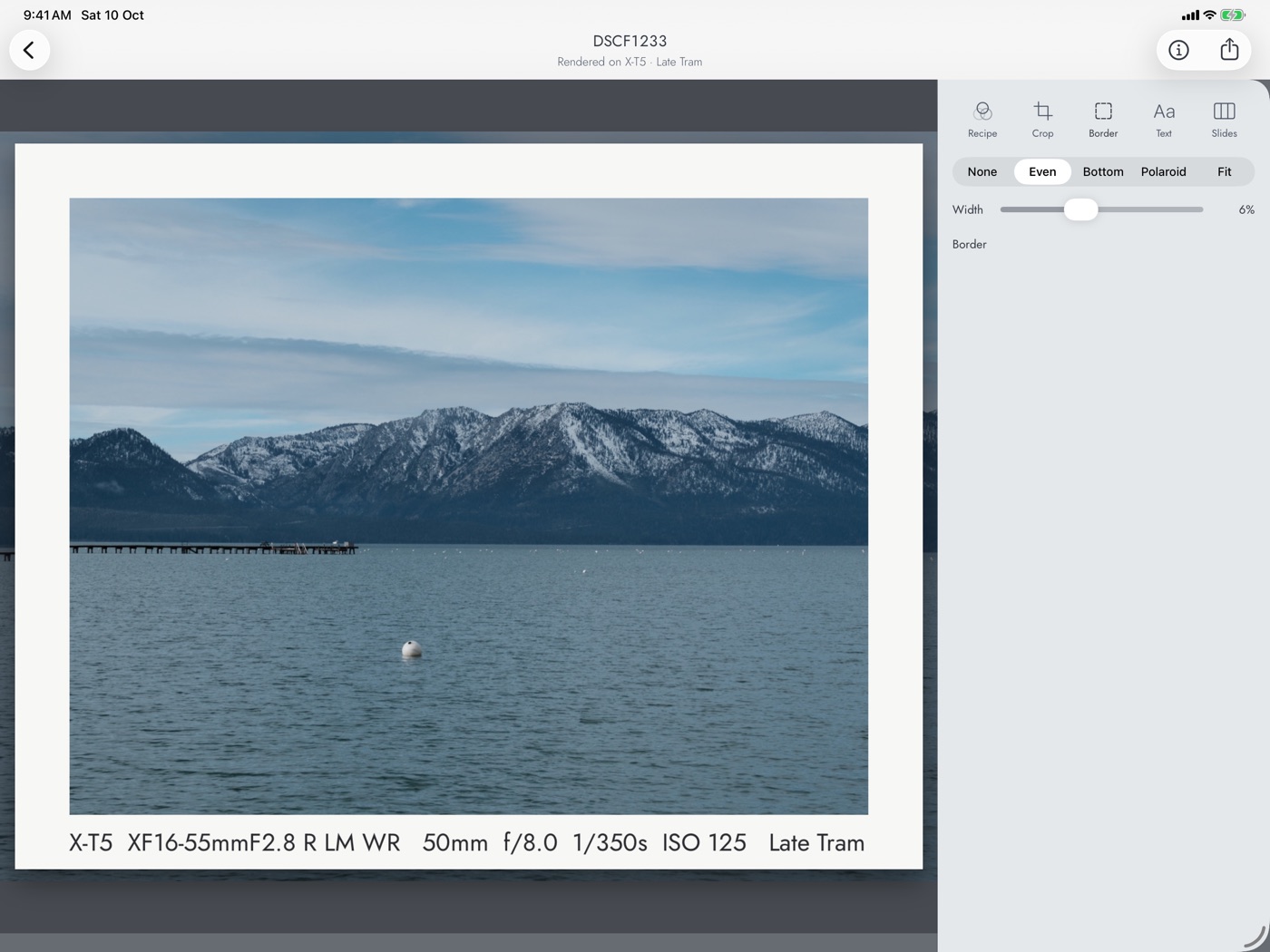 fujiposts su iPad: a sinistra la foto di un lago e di una montagna con un bordo bianco uniforme e la didascalia EXIF, a destra lo strumento Bordo
