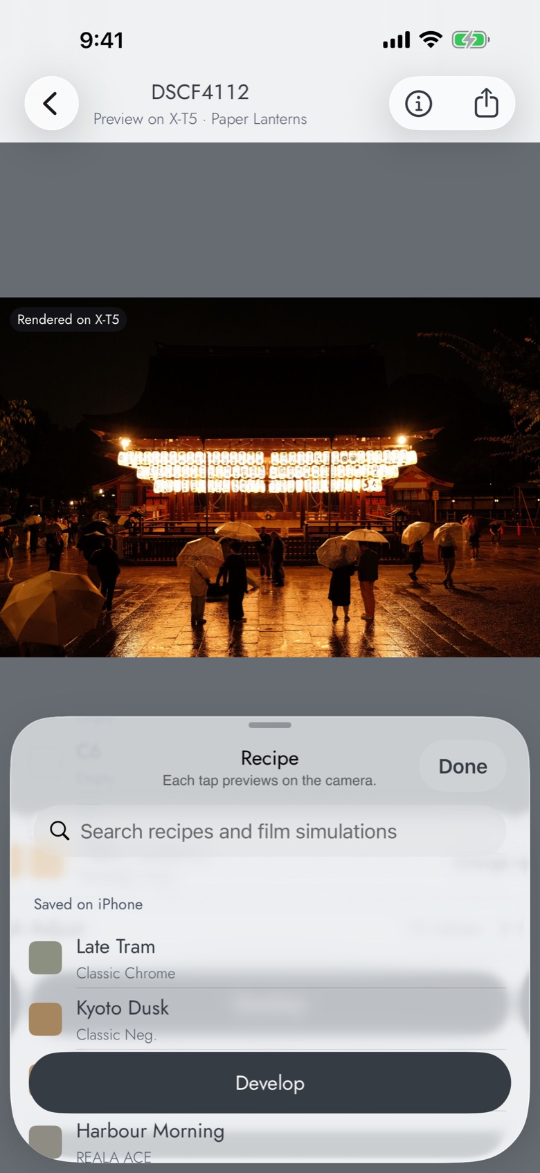 The Photo screen with the Recipe picker open