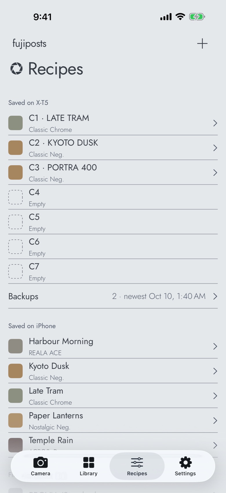 The Recipes tab: the camera's slots C1 to C7 and the recipes saved on iPhone