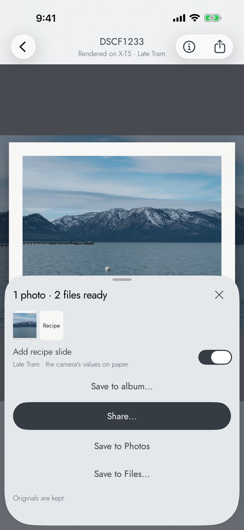 The Share sheet: Add recipe slide, Share, Save to Photos, Save to Files